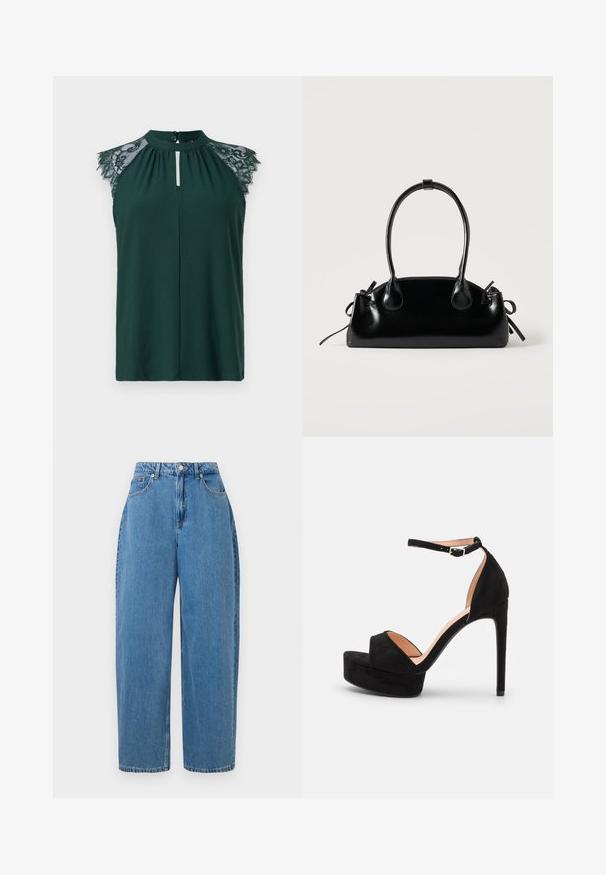 Dunkelgrüne ärmellose Bluse mit Spitze an den Schultern und einer kleinen Knopfleiste vorne. Einfaches und elegantes Design.; Hellblaue Jeanshose mit geradem Bein, hoher Taille und Knopfverschluss vorne. Verfügt über fünf Taschen und minimale Nähte.; Schwarze Wildleder-Peeptoe-Sandale mit hoch gelegener Plateausohle, Knöchelriemen mit silberner Hardware, offenem Zehenbereich und glatter Textur.; Kleine schwarze glänzende Handtasche mit zwei langen Griffen und seitlichen Kordelzug-Details vor einfachem hellem Hintergrund.