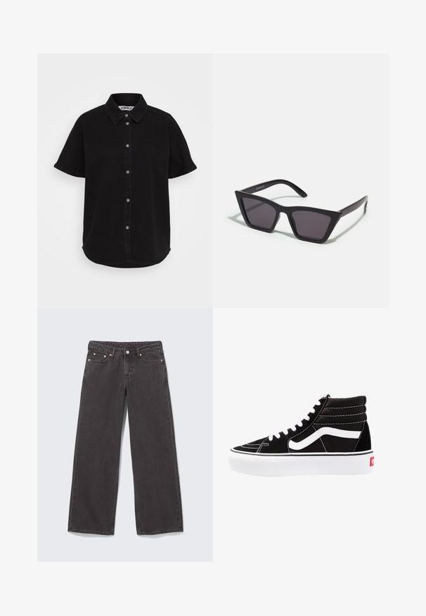 Chemise noire à manches courtes en denim, avec un col, un devant à boutons et un ourlet arrondi. Design simple sans motifs.; Jean en denim noir à jambes larges avec rivets en cuivre, cinq poches et fermeture par boutons. Texture douce et robuste, coupe droite de la taille à l'ourlet.; Baskets montantes noires avec des lacets blancs, un logo blanc et des coutures blanches contrastées. Dotées d'une épaisse semelle blanche et d'un dessus en daim texturé.; Lunettes noires angulaires avec des verres gris ; fabriquées en plastique, avec des branches épaisses à la surface lisse et sans matériel visible.