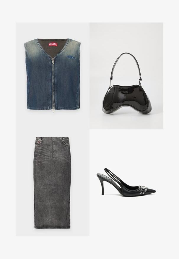 Denimvest med V-hals og lynlås foran, med ribbet tekstur ved kraven og en logoemblem på venstre side.; Grå denim midi-skjørt med vertikale striber, med høj talje, fem lomme-design og en ren kant.; Sorte slingback højhælede sko med spids tå, der har en skinnende sølvspænde detalje og en slank hæl. Glat lædertekstur, minimalistisk design.; Sort patentlæder håndtaske med en unik buet form, kort justerbar hank og en lynlåslukning i toppen. Glat tekstur med diskret branding.