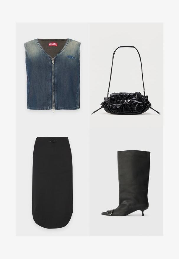 Veste en denim avec un col en V et une fermeture éclair à l'avant, avec une texture côtelée au niveau du col, et un patch logo sur le côté gauche.; Jupe crayon noire en tissu lisse. Elle présente un ourlet arrondi et un logo noir proéminent à la taille. Design simple, sans motifs.; Bottines en cuir noir à bout pointu, petite talon et détail métallique sur le bout. Texture lisse et mate partout.; Sac à main en cuir noir avec un design froncé et un détail en forme de nœud sur le devant. Dispose d'une poignée courte et d'accents de quincaillerie argentée.