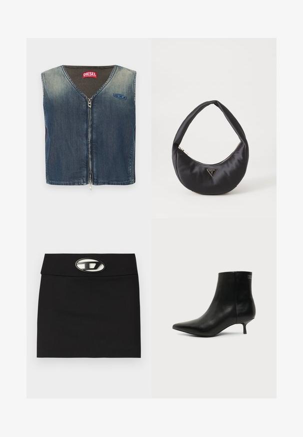 Veste en denim avec un col en V et une fermeture éclair à l'avant, avec une texture côtelée au niveau du col, et un patch logo sur le côté gauche.; Mini-jupe noire avec une taille plate. Dotée d'une boucle logo métallique proéminente à l'avant. Fabriquée en tissu lisse sans motifs visibles.; Bottine en cuir noir avec bout pointu et petit talon kitten sur fond clair, vue côté extérieur.; Sac à main en satin noir avec une forme courbée, doté d'une fermeture à glissière et d'un logo triangulaire en métal à l'avant. Texture lisse et design épuré.