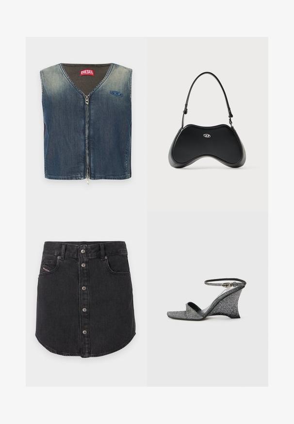 Veste en denim avec un col en V et une fermeture éclair à l'avant, avec une texture côtelée au niveau du col, et un patch logo sur le côté gauche.; Jupe en denim noire, courte, avec des boutons métalliques à l'avant, deux poches avant, passants de ceinture et ourlet arrondi.; Sandale compensée pailletée argentée avec bout ouvert, bride à la cheville et boucle dorée, vue de côté sur un fond clair uni.; Sac à main en similicuir noir avec une forme incurvée unique, une poignée courte et un détail de logo argenté sur le devant. Texture lisse, design minimaliste.