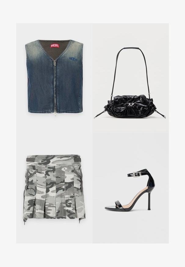Denimvest med V-hals og lynlås foran, med ribbet tekstur ved kraven og en logoemblem på venstre side.; Camouflage-mønstret nederdel i nuancer af grå og sort, med plisseringer, to sidelommer og en lynlåslukning ved kanten.; Sort højhælet sandal i laklæder med ankelrem. Har minimalistisk design, åben tå og spænde med rhinsten-detaljer.; Sort læderhåndtaske med et opsamlet design og sløjfedetalje foran. Har en kort hank og sølvfarvede hardware-accenter.
