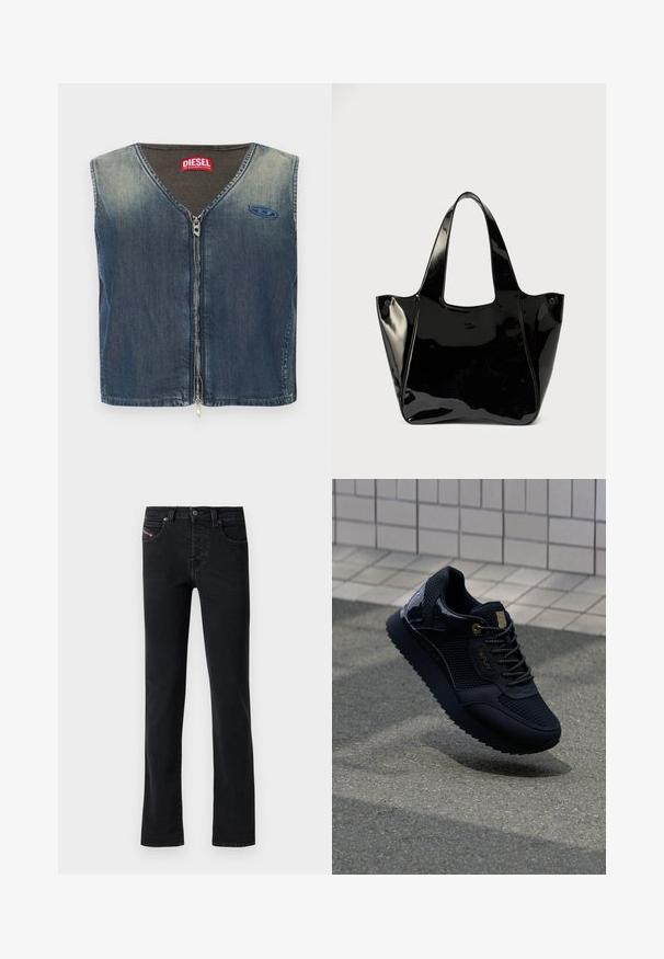 Spijkerjas zonder mouwen met V-hals en ritssluiting aan de voorkant, met een geribbelde textuur bij de kraag en een logo patch aan de linkerkant.; Zwarte denim jeans met een rechte snit, met vijf zakken en subtiele stikdetails. De stof heeft een soepele textuur en minimale vervaging.; Zwarte sneaker met een bovenwerk van mesh, glanzende accenten, gouden hardware, een gestructureerde zool en een gewatteerde kraag voor comfort.; Zwarte glanzende leren totebag met brede handvatten en een klein ovaal logo aan de voorkant, weergegeven tegen een effen achtergrond.