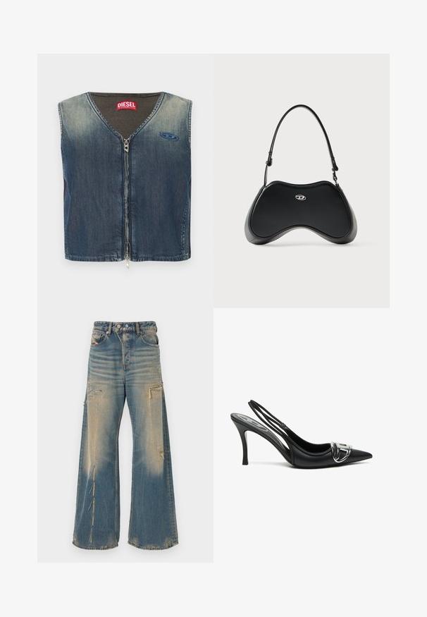 Veste en denim avec un col en V et une fermeture éclair à l'avant, avec une texture côtelée au niveau du col, et un patch logo sur le côté gauche.; Jean en denim bleu délavé à jambes larges avec détails usés, poches avant et latérales, fermeture à bouton et zip.; Talons hauts slingback noirs avec un embout pointu, présentant un détail de boucle en argent brillant et un talon fin. Texture en cuir lisse, design minimaliste.; Sac à main en similicuir noir avec une forme incurvée unique, une poignée courte et un détail de logo argenté sur le devant. Texture lisse, design minimaliste.
