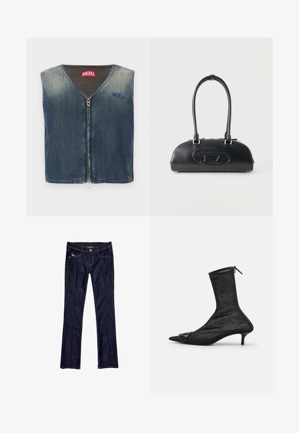 Denimvest med V-hals og lynlås foran, med ribbet tekstur ved kraven og en logoemblem på venstre side.; Mørkeblå denimjeans med en lige ben-design, der har en frontknaplukning, fem lommer og synlige syninger langs sømmene.; Sorte mesh ankelstøvler med spidse tæer, lynlås og en lille hæl. Har en dekorativ spændeaccent nær tåområdet.; Sort læderhåndtaske med lange dobbelte håndtag og præget ovalt logo foran, vist mod en ensartet lys baggrund.