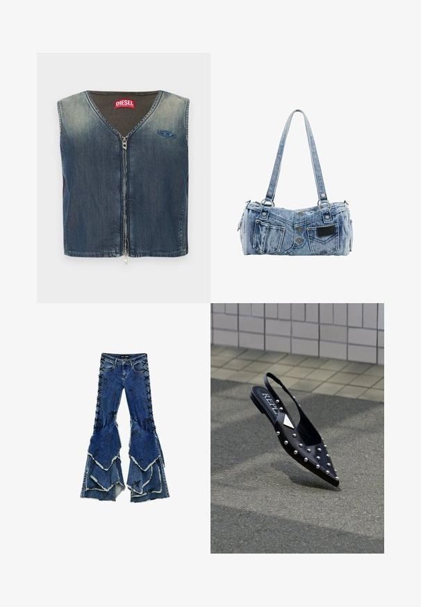 Veste en denim avec un col en V et une fermeture éclair à l'avant, avec une texture côtelée au niveau du col, et un patch logo sur le côté gauche.; Jean en denim bleu à pattes d'éléphant avec une conception de volants superposés, présentant des détails lacés noirs sur les côtés et des bords effilochés.; Chaussure slingback noire pointue en matériau lisse, ornée de clous argentés, avec une semelle plate et un logo sur la semelle intérieure.; Sac à épaule en denim bleu clair en forme de jean avec poches, boutons et doubles bretelles suspendu sur fond blanc.