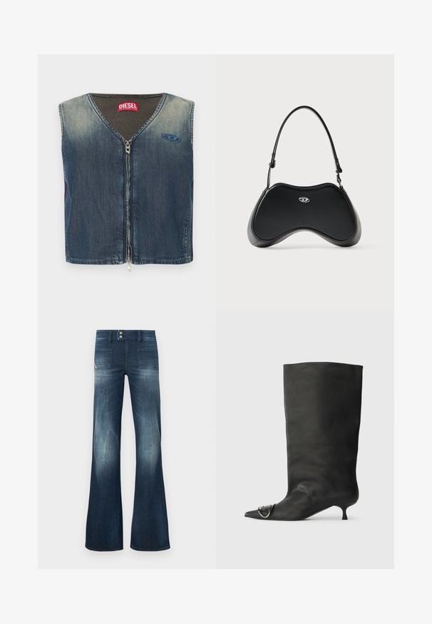 Veste en denim avec un col en V et une fermeture éclair à l'avant, avec une texture côtelée au niveau du col, et un patch logo sur le côté gauche.; Jean en denim bleu foncé évasé avec un effet délavé, deux poches avant, deux poches arrière et une fermeture à boutons avec une légère brillance.; Bottines en cuir noir à bout pointu, petite talon et détail métallique sur le bout. Texture lisse et mate partout.; Sac à main en similicuir noir avec une forme incurvée unique, une poignée courte et un détail de logo argenté sur le devant. Texture lisse, design minimaliste.