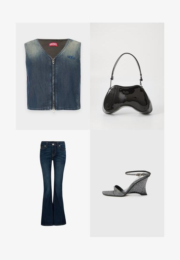 Spijkerjas zonder mouwen met V-hals en ritssluiting aan de voorkant, met een geribbelde textuur bij de kraag en een logo patch aan de linkerkant.; True Religion Flared Jeans - indigo upgrade; Zilveren glitter sleehak sandaal met open teen, enkelbandje en gouden gesp, zijaanzicht tegen een effen lichte achtergrond.; Zwarte gepatenteerde leren handtas met een unieke gebogen vorm, korte verstelbare handgreep en een ritsopening. Glad uiterlijk met subtiele branding.