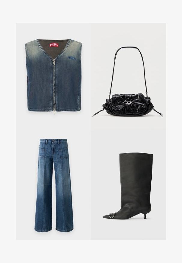 Chaleco vaquero con escote en V y cremallera frontal, con textura acanalada en el cuello y parche con logo en el lado izquierdo.; Jeans de pierna ancha en un denim azul desgastado. Presentan cinco bolsillos, un cierre de botón y cremallera, con costuras visibles y un ajuste holgado.; Bota de cuero negra hasta el tobillo con punta afilada, tacón pequeño y detalle metálico en la punta. Textura suave y mate en toda la superficie.; Bolso de mano de cuero negro con diseño fruncido y detalle de lazo en la parte frontal. Cuenta con un asa corta y detalles metálicos en color plata.