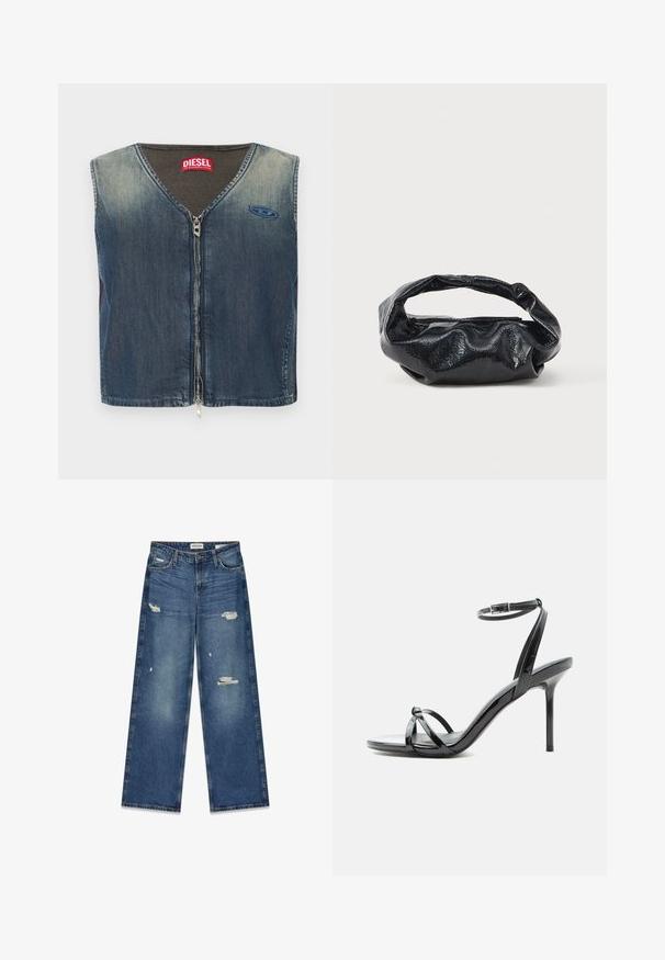 Veste en denim avec un col en V et une fermeture éclair à l'avant, avec une texture côtelée au niveau du col, et un patch logo sur le côté gauche.; Jean bleu à jambes larges en denim avec des zones décolorées et des patches usés visibles. Coutures apparentes surpiquées et fermeture éclair.; Sandale à talon haut en cuir verni noir avec de fines lanières croisées sur les orteils et une sangle à boucle à la cheville sur fond blanc.; Sac noir en matériau texturé et brillant avec une poignée circulaire torsadée et une fermeture éclair. Présente un design doux et froissé.