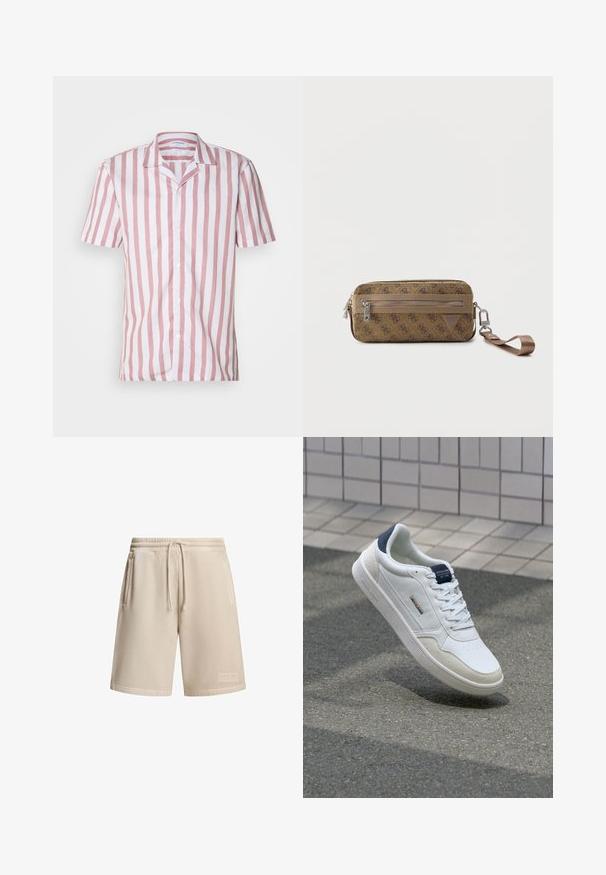 Korte mouwen shirt in roze en witte verticale strepen, gemaakt van lichtgewicht stof, met een kraag en een knoopsluiting aan de voorkant.; Beige shorts van een katoenmix met een elastische tailleband en trekkoord, voorzien van twee zijzakken en een klein logo-op-patch op de zoom.; Witte sneaker met een gladleren bovenwerk, geaccentueerd met gestructureerd suède, een marineblauwe hiel tab en vetersluiting, gepresenteerd tegen een grijze asfalt achtergrond.; Bruine Guess polsbandtas met herhalend logopatroon, voorvak met ritssluiting en afneembare band met metalen sluiting op witte achtergrond.