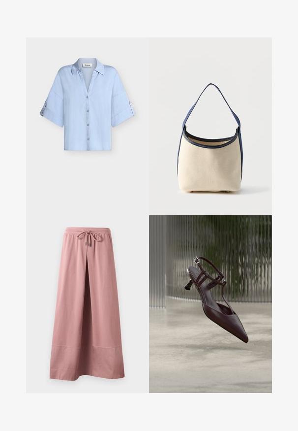 Blusa azul claro con botones, mangas cortas anchas y cuello, con pestañas con botones en las mangas para enrollarlas.; Pantalones de pierna ancha en rosa empolvado con cintura elástica y cordón delantero, elaborados con tela suave y detalle de dobladillo ancho.; Zapato de tacón tipo slingback de cuero marrón oscuro con punta puntiaguda, tiras delgadas y un pequeño tacón de aguja curvado, exhibido sobre un fondo abstracto.; Pequeño bolso de tela beige con ribete de cuero azul y una correa azul única, de pie sobre una superficie plana contra un fondo liso.
