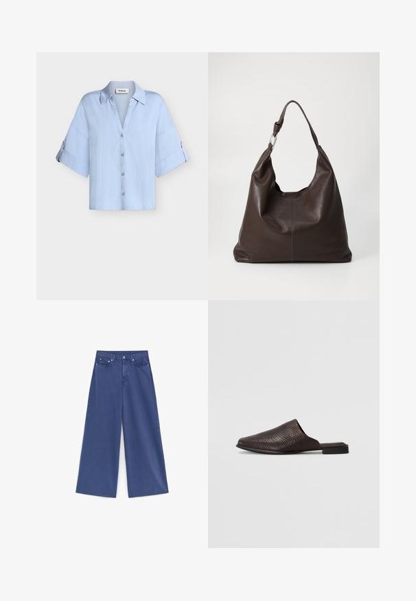 Blouse bleu clair à boutons avec manches courtes larges et col, dotée de pattes boutonnées sur les manches pour les retrousser.; Jean taille haute à jambes larges en denim bleu uni avec poches avant, passants de ceinture et fermeture par bouton.; Mule noir à enfiler en matériau texturé avec un motif reptilien, doté d'un talon bas et plat et d'un design à bout ouvert arrondi.; Zign by Zalando LEATHER - Cabas - chocolate brown