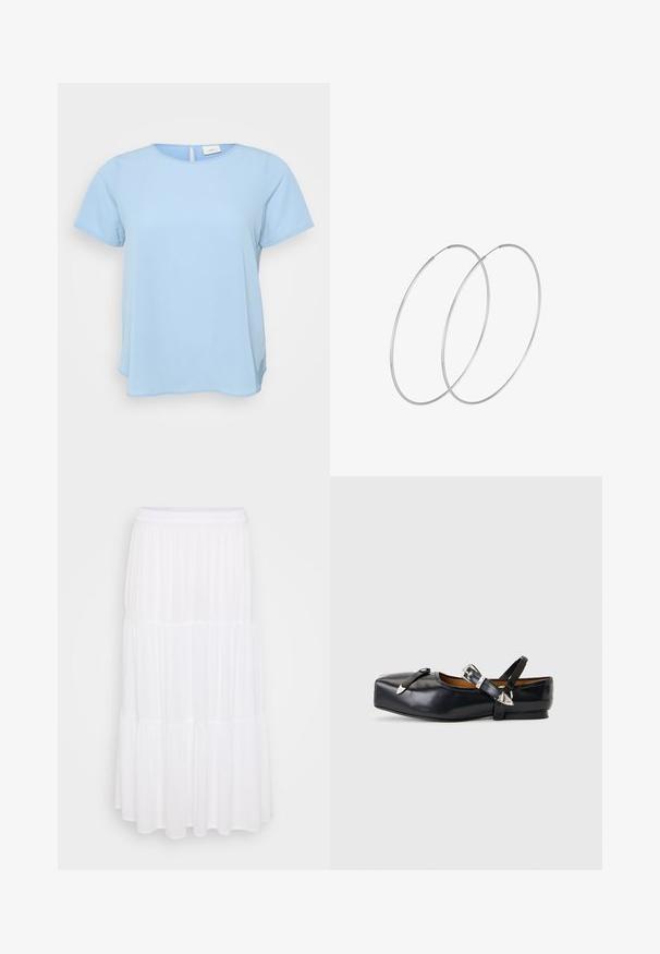ONLY Carmakoma CARVICA LIFE - Blouse - light blue; Witte gelaagde maxi-rok van lichtgewicht stof, met een elastische tailleband en een vloeiende textuur met subtiele plooidetails.; Zwarte leren platte schoen met vierkante neus, twee zilveren gespslinten en een lage hak op een lichtgrijze achtergrond.; Zilveren hoepel oorbellen met een minimalistisch ontwerp. Cirkelvormig, gladde textuur en dun profiel. Lichtgewicht met een gepolijste afwerking.