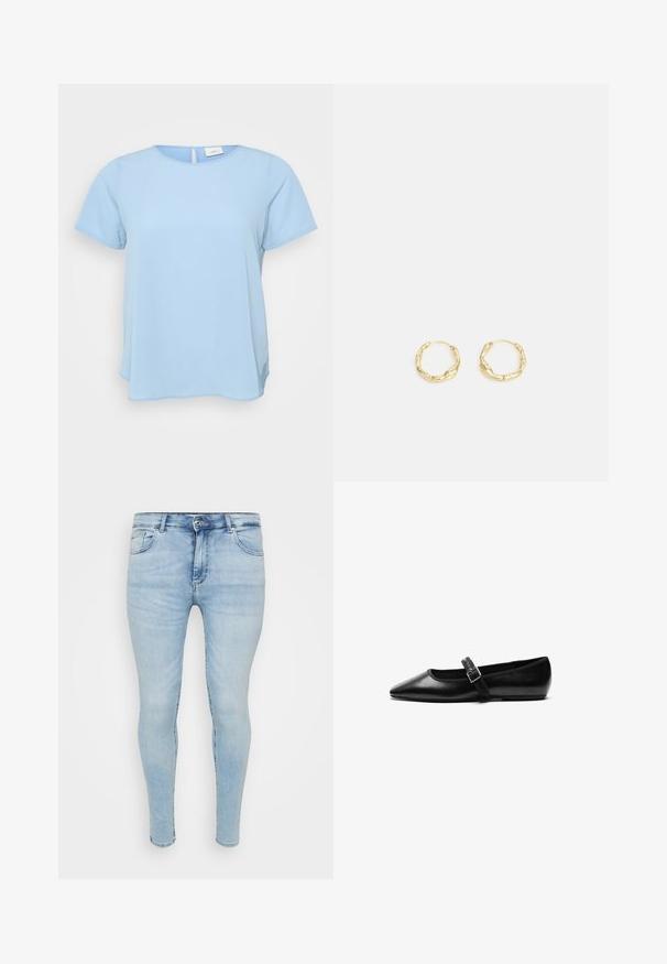 ONLY Carmakoma CARVICA LIFE - Blúzka - light blue; Svetlomodré úzke džínsy s klasickým dizajnom piatich vreciek, zapínaním na gombík a zips a bledou textúrou na látke.; Čierna plochá obuv vyrobená z kože s špicatou špičkou, nastaviteľným popruhom s kovovou prackou, hladkou textúrou a minimalistickým dizajnom.; Zlaté kruhové náušnice s textúrovaným, nepravidelným povrchom. Majú ľahký dizajn a kruhový tvar, vhodné na každodenné nosenie.