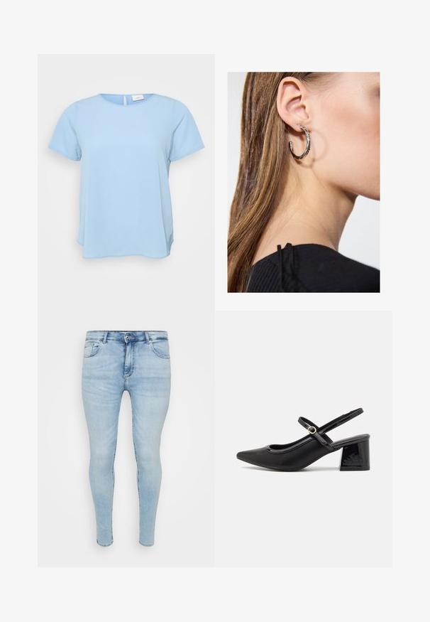 ONLY Carmakoma CARVICA LIFE - Blúzka - light blue; Svetlomodré úzke džínsy s klasickým dizajnom piatich vreciek, zapínaním na gombík a zips a bledou textúrou na látke.; Čierne lakované kožené lodičky so slingback dizajnom, špicatou špičkou, zaobleným výrezom a blokovým podpätkom. Obsahuje akcent zlatého tónu s prackou.; Strieborná kruhová náušnica s lesklým povrchom, obsahujúca malé zlaté akcenty a okrúhly tvar, nosená na lalôčiku ucha.