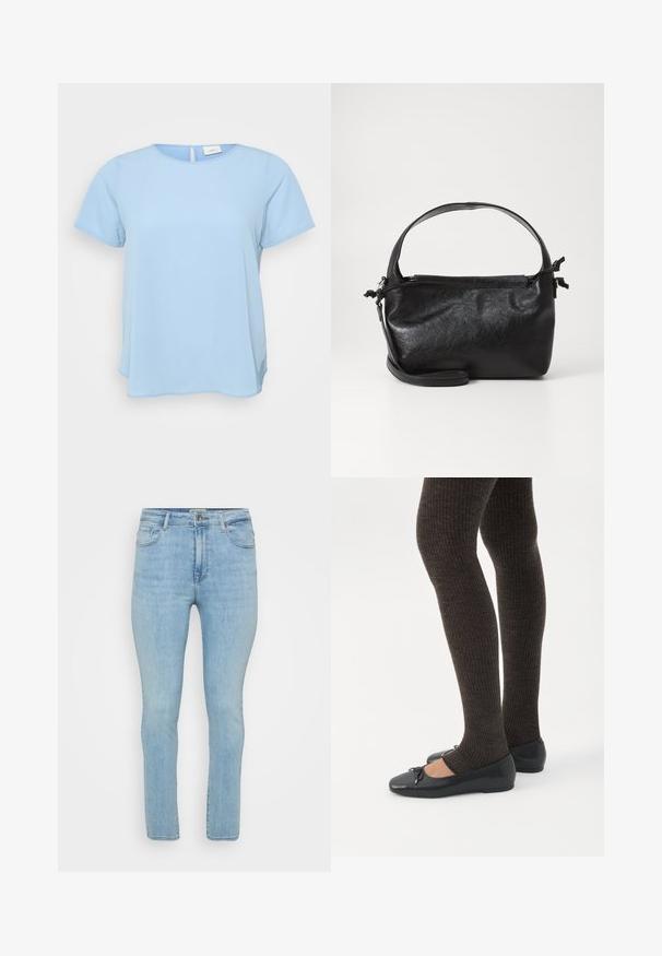 ONLY Carmakoma CARVICA S/S TOP WVN NOOS - Μπλούζα - light blue; Ανοιχτό μπλε τζιν παντελόνι με στενή εφαρμογή, διαθέτοντας πέντε τσέπες, θηλιές ζώνης και κανονικό φερμουάρ με κουμπί.; Πόδια με σκουρόχρωμα ριμπ κολάν συνδυασμένα με μαύρα μπαλαρίνα παπούτσια με μικρές λεπτομέρειες φιόγκων σε λευκό φόντο.; Μαύρη δερμάτινη τσάντα με δομικό σχέδιο, στρογγυλή λαβή από πάνω και αποσπώμενο λουρί ώμου. Διαθέτει λεία υφή και διακριτική γυαλάδα.