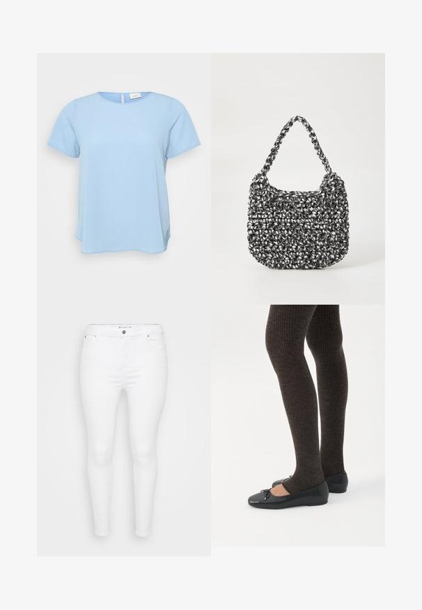 ONLY Carmakoma CARVICA S/S TOP WVN NOOS - Μπλούζα - light blue; Λευκά στενά τζιν παντελόνια από denim με λεία υφή, με κλείσιμο μπροστά με κουμπί και ζώνες. Χωρίς ορατά σχέδια ή διακοσμήσεις.; Πόδια με σκουρόχρωμα ριμπ κολάν συνδυασμένα με μαύρα μπαλαρίνα παπούτσια με μικρές λεπτομέρειες φιόγκων σε λευκό φόντο.; Πλεκτή τσάντα χρώματος μαύρου και άσπρου με στρογγυλό σχήμα, υφή και πλεκτή λαβή. Κατάλληλη για καθημερινή χρήση.