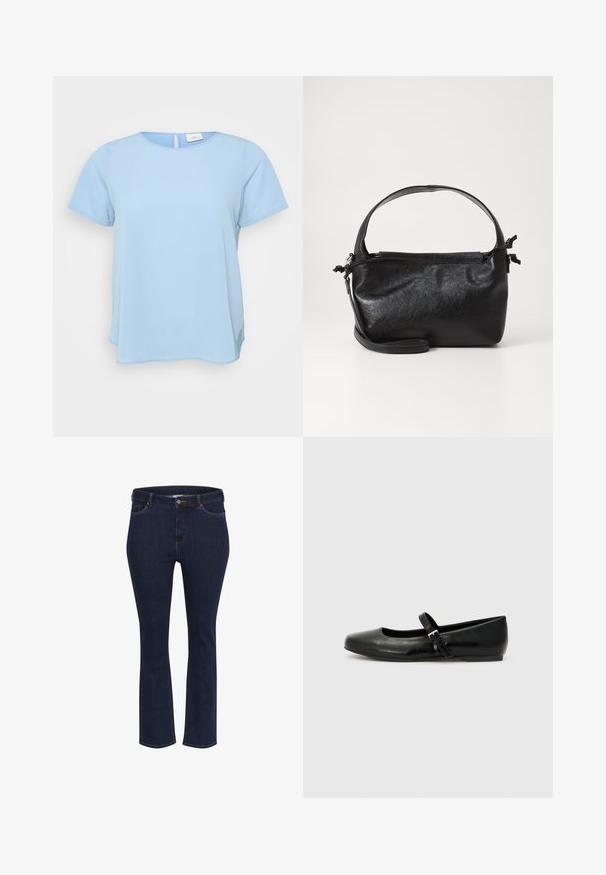 ONLY Carmakoma CARVICA LIFE - Blouse - light blue; Jean en denim bleu avec une coupe droite, comportant cinq poches, des coutures contrastées et une fermeture à bouton en métal à la taille.; Ballerines en cuir noir avec un bout arrondi, une semelle plate et une fine sangle ajustable sur le cou-de-pied avec une boucle en métal.; Sac à main en cuir noir au design structuré, avec une poignée arrondie et une bandoulière amovible. Présente une texture lisse et un éclat subtil.