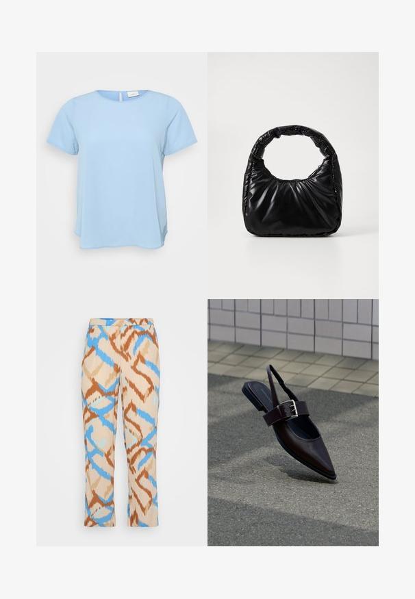 ONLY Carmakoma CARVICA LIFE - Bluse - light blue; Mønstrede bukser i beige med et blåt og brunt abstrakt design. Lavet af letvægtsmateriale med en lige benpasform.; Mørkebrune flade slingback-sko med spids tå, bred rem og stor sølvspænde på asfalt nær flisebelagt væg.; Sort polstret håndtaske med et rundt håndtag, der har en glat, skinnende overflade og en blød, kviltet tekstur. Ingen synlige hardware eller accenter.