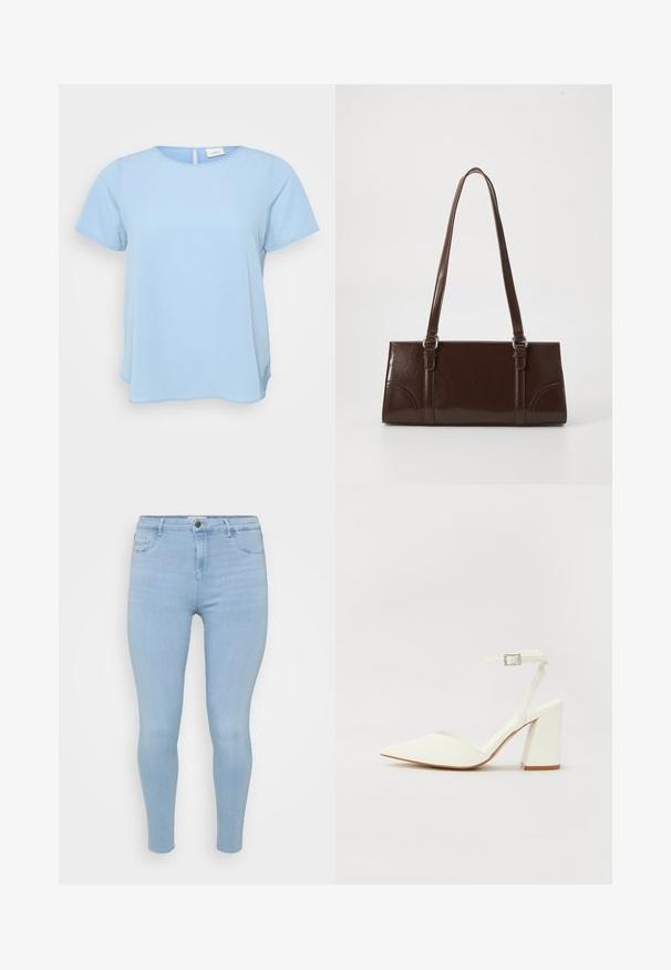 ONLY Carmakoma CARVICA S/S TOP WVN NOOS - Bluse - light blue; Helle blaue Skinny-Jeans aus Denim, mit Knopfverschluss, fünf Taschen und einer glatten, leicht gewaschenen Textur.; Weißer sandal mit Absatz und spitzem Zehenbereich, verstellbarem Knöchelriemen und chunky quadratischem Absatz. Glatte Textur mit minimalen Nähdetails.; Braune Lackleder-Handtasche in rechteckiger Form, mit zwei langen Griffen und subtilen, geschwungenen Akzenten auf der Vorderseite.