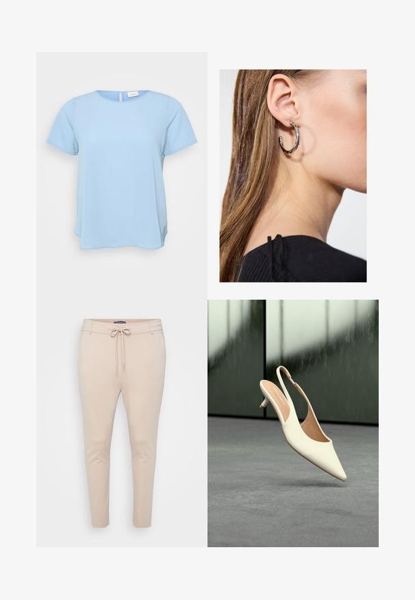 ONLY Carmakoma CARVICA LIFE - Μπλούζα - light blue; Μπεζ ελαφριά παντελόνια jogger με μέση που ρυθμίζεται με κορδόνι και δύο πλαινές τσέπες. Λείο υλικό, στενές γραμμές στα πόδια και ελάχιστες ραφές.; Μπεζ γυναικείο παπούτσι slingback με μυτερό μύτη και χαμηλό τακούνι kitten που αιωρείται πάνω από γκρι πάτωμα με θολό σκοτεινό φόντο.; Ασημένιο σκουλαρίκι κρίκος με γυαλιστερή φινίρισμα, που διαθέτει μικρές χρυσές λεπτομέρειες και στρογγυλό σχήμα, φορεμένο στον λοβό.