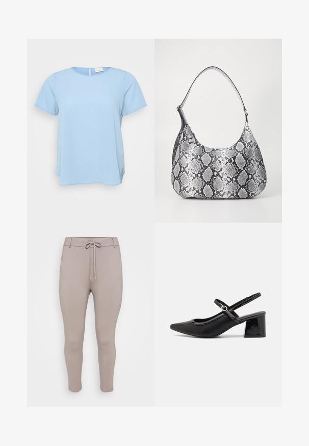 ONLY Carmakoma CARVICA LIFE - Blúzka - light blue; Svetlo béžové, priliehavé teplákové nohavice s elastickým pásom a zúženými nohavicami, vystavené na jednoduchom pozadí.; Čierne lakované kožené lodičky so slingback dizajnom, špicatou špičkou, zaobleným výrezom a blokovým podpätkom. Obsahuje akcent zlatého tónu s prackou.; Mäkká čierna a biela taška cez rameno s hadím vzorom zaobleného tvaru, hladkou textúrou a zakriveným popruhom. Obsahuje akcenty zo strieborného kovu.