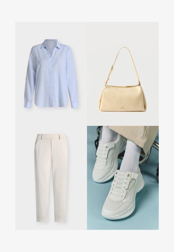 Chemise bleu clair à manches longues, boutonnée, avec motif à pois blancs et col pointu sur fond uni.; Pantalon beige droit avec passants pour ceinture, poches latérales et fermeture éclair à l'avant sur un fond uni.; Baskets blanches avec un matériau en maille, semelle en caoutchouc, design sans lacets avec des bandes élastiques et accents dorés.; Sac bandoulière rectangulaire beige avec sangle réglable et fermeture éclair, comportant un petit logo "Anna Field" au centre avant.