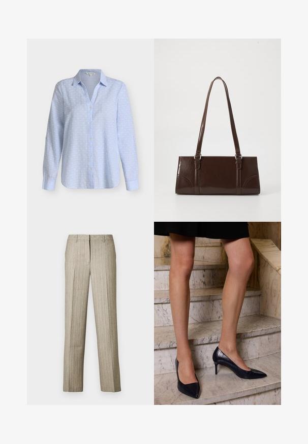 Lyseblå skjorte med lange ærmer, knapper foran, med hvidt prikket mønster og spids krave på ensfarvet baggrund.; Beige bukser med nålestriber og et lige ben-design, der har en struktureret linning og en subtil tekstur i hele stoffet.; Mørkeblå højhælede sko med spids tå, der har en glat og tekstureret finish, som ligner krokodilleskind.; Brun lakeret håndtaske med rektangulær form, to lange håndtag og subtile buede detaljer på fronten.