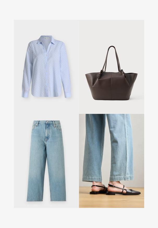 Camisa azul clara de manga larga con botones, patrón de puntos blancos y cuello puntiagudo sobre un fondo liso.; Vaqueros de pierna ancha de talle alto en azul claro, con bolsillos delanteros, trabillas para cinturón y cierre de botón metálico.; Zapatos slingback de cuero negro con punta afilada, tacón plano y tira en el tobillo; llevados con jeans de pierna ancha en azul claro.; Gran bolso tote de cuero marrón oscuro con doble asa para el hombro y una costura sutil en el centro sobre un fondo claro y liso.