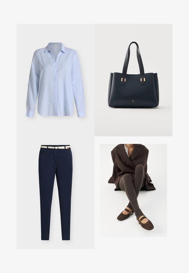 Chemise bleu clair à manches longues, boutonnée, avec motif à pois blancs et col pointu sur fond uni.; Pantalon slim bleu marine avec poches avant, passants pour ceinture et ceinture tressée blanche avec boucle argentée.; Des chaussettes marron côtelées jusqu'aux genoux associées à des ballerines en daim marron de type Mary Jane avec une sangle décorative et une boucle, portées avec un manteau sombre.; Sac cabas en cuir noir avec double poignée et accents métalliques dorés, présenté sur fond gris clair.