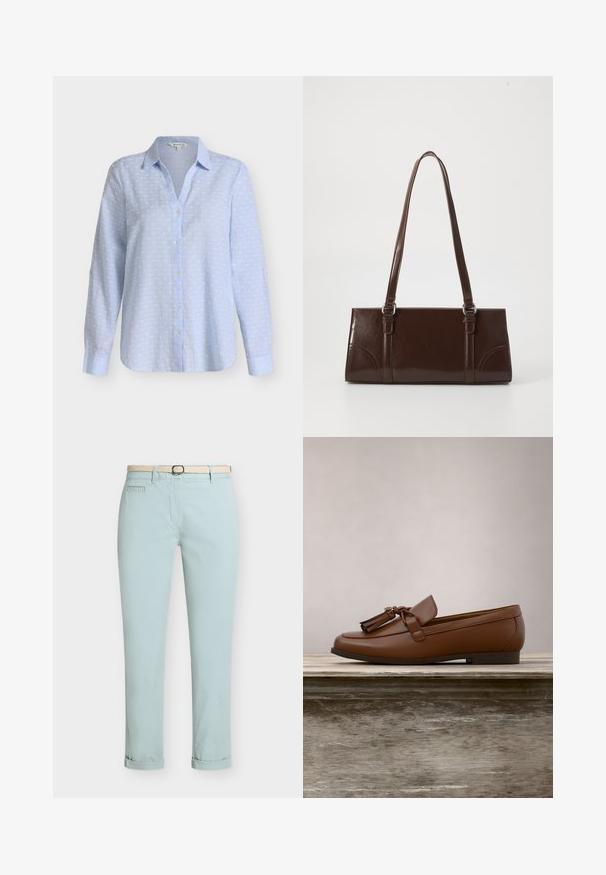 Chemise bleu clair à manches longues, boutonnée, avec motif à pois blancs et col pointu sur fond uni.; Pantalon bleu clair ajusté avec revers et ceinture tissée écrue sur un fond uni.; Mocassin en cuir marron avec des pampilles posé en équilibre sur le bord d'une table en bois, feuillage vert flou en arrière-plan.; Sac à main en cuir verni marron de forme rectangulaire, avec deux longues poignées et des accents courbés subtils à l'avant.