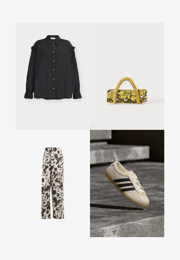 Schwarze Bluse mit langen Ärmeln, Kragen, Knopfleiste, gerafften Details an den Ärmeln und Rüschen an den Manschetten, auf einem hellen Hintergrund flach ausgelegt.; adidas Originals COW PRINT SATIN WIDE LEG - Jogginghose - multicolor off white; Weißer Sneaker mit schwarzen Streifen und Gummisohle schwebt über Betontreppen im sanften Tageslicht.; Rechteckige Tasche mit gelbem und schwarzem Blumenmuster und geflochtenem gelb-pinkem Griff auf weißem Hintergrund.