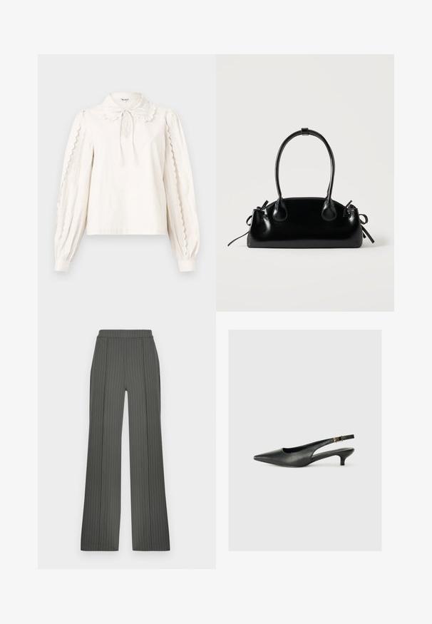 Blusa blanca de manga larga con bordes festoneados en las mangas, un cuello tipo Peter Pan con un lazo atado y puños abotonados.; Pantalones de rayas grises con una cintura alta, perneras anchas y una textura suave. Presentan bolsillos laterales y detalles de costuras verticales.; Zapato de tacón slingback negro de punta afilada, hecho de cuero suave. Presenta un tacón delgado y un detalle de hebilla en la correa ajustable.; Pequeño bolso negro brillante con dos asas largas y detalles de cordón lateral sobre un fondo claro liso.