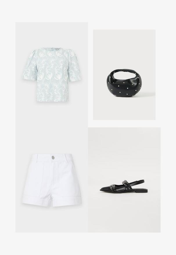 Lichtblauw topje met korte mouwen en witte bloemrijke borduursels, voorzien van een ronde halslijn en geplooide details op de schouders.; Witte denim short met een hoge taille, twee voorzakken en een zilveren knoopsluiting. Recht model met omgeslagen randen.; Even&Odd by Zalando Slingback ballerina´s - black; Zwarte leren handtas met een afgeronde vorm, versierd met zilveren studs, en een korte handgreep. Gladde textuur en ritsluiting.