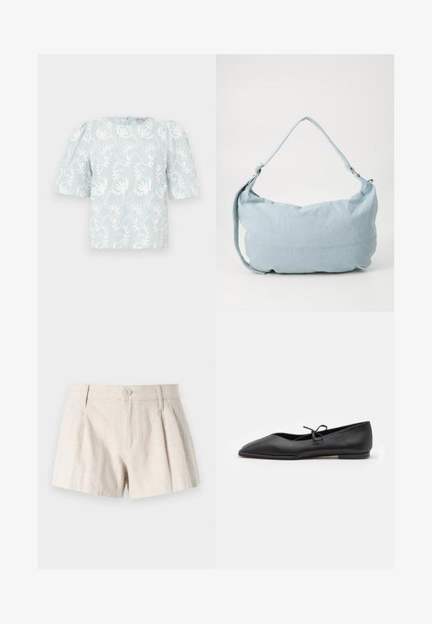 Hellblaues kurzärmeliges Oberteil mit weißer Blumenstickerei, ausgestattet mit einem runden Ausschnitt und gerafften Details an den Schultern.; Leinen-Shorts in einem hellbeigen Farbton, mit einem plissierten Design, vorderem Knopfverschluss und einer glatten, strukturierten Oberfläche.; ALOHAS SWAY - Klassischer Ballerina - black; Hellblaue Denim-Schultertasche mit runder Form, verstellbarem Gürtel und subtilen Nähten am unteren Rand. Weiche Textur.
