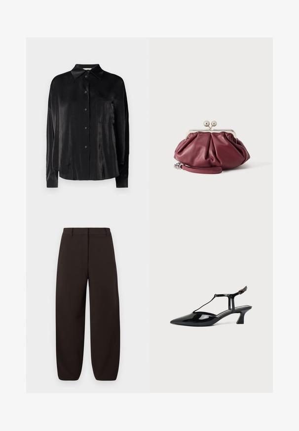 Chemise noire à manches longues, boutonnée, fabriquée en tissu lisse et brillant. Elle présente un col pointu et une poche poitrine.; Pantalons larges marron foncé en tissu lisse avec une taille plate, passants de ceinture et chevilles cintrées. Pas de motifs ni de éléments en métal visibles.; Chaussure slingback en cuir verni noir à bout pointu avec bride en T et petit talon bloc incliné sur fond blanc.; Petite pochette en cuir bordeaux avec fermoir en métal argenté et bracelet pour poignet sur fond blanc.