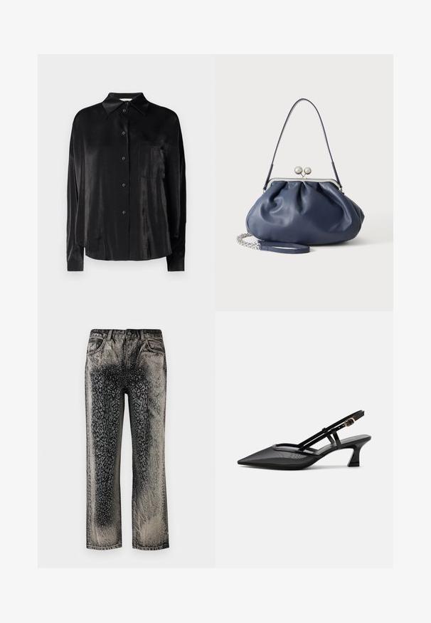 Camisa negra de manga larga con botones, hecha de una tela suave y lustrosa. Incluye un collar de punta y un único bolsillo en el pecho.; Jeans de mezclilla en negro y gris con un patrón de desvanecimiento en degradado salpicado y un diseño geométrico sutil en la parte delantera y los lados.; Zapato slingback negro con punta afilada, parte superior de malla, tiras delgadas, hebilla dorada y tacón bajo curvado sobre fondo blanco.; Bolso de mano de cuero azul marino suave con cierre de broche plateado, una correa de hombro y correa de cadena desmontable para la muñeca sobre fondo blanco.