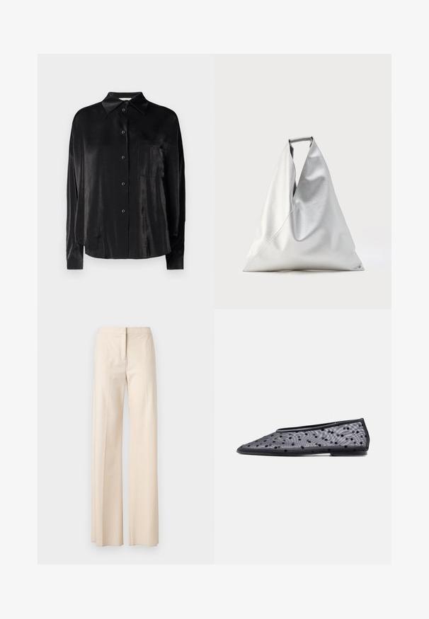 Chemise noire à manches longues, boutonnée, fabriquée en tissu lisse et brillant. Elle présente un col pointu et une poche poitrine.; Pantalon beige à jambes larges avec une texture lisse, design ajusté et fermeture avant dissimulée. Pas de poches visibles ni d'ornements.; Chaussure plate noire à bout pointu, en tissu transparent avec un motif à pois noirs sur un fond clair.; Grand sac fourre-tout argenté de forme triangulaire avec une texture en cuir souple, debout verticalement avec une poignée supérieure visible sur un fond uni.