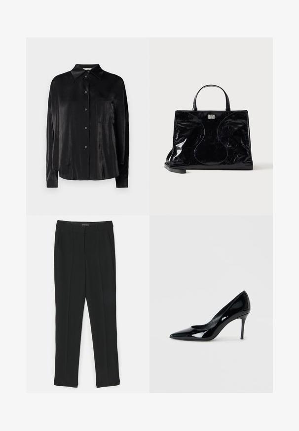 Chemise noire à manches longues, boutonnée, fabriquée en tissu lisse et brillant. Elle présente un col pointu et une poche poitrine.; Pantalon noir au design droit, avec plis, poches latérales et texture lisse. Fabriqué en tissu léger.; Escarpin en cuir verni noir avec un bout pointu et un talon aiguille délicat. Texture lisse avec un fini brillant et un design minimaliste.; Sac à main en cuir noir brillant avec poignées courtes, bandoulière amovible et détails de couture discrètement courbés à l’avant.