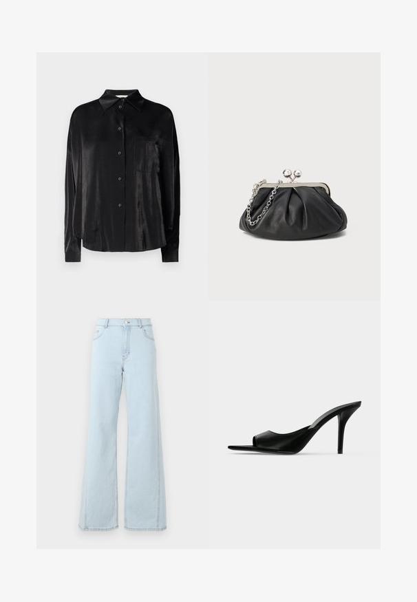 Schwarzes, langärmliges Hemd mit Knöpfen aus glattem, glänzendem Stoff. Verfügt über einen spitzen Kragen und eine einzelne Brusttasche.; Helleblaue Denim-Jeans in weitem Schnitt mit hoher Taille, Fronttaschen und sichtbaren Nähdetails an den Nähten und dem Saum.; Schwarzer Leder-Pantolette mit offenem Zehenbereich und hohem, schlankem Stiletto-Absatz, im Seitenprofil vor neutralem Hintergrund gezeigt.; Schwarze Leder-Clutch mit geraffter Textur, silberfarbener Metallrahmen, Druckverschluss und Kettenriemen. Glatte, weiche Oberfläche.