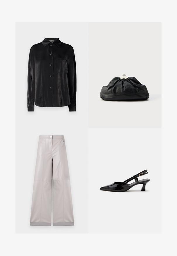 Camisa negra de manga larga con botones, hecha de una tela suave y lustrosa. Incluye un collar de punta y un único bolsillo en el pecho.; Pantalones de pierna ancha en faux cuero gris claro, con cierre de botón en la parte frontal, dos bolsillos laterales y costuras decorativas para mayor textura.; Zapato slingback de charol negro con tacón bajo, punta puntiaguda y correa ajustable con hebilla dorada sobre fondo blanco.; Bolso de mano de cuero negro con textura recogida, cierre de broche metálico y logo en relieve sutil en el frente. Forma redondeada.