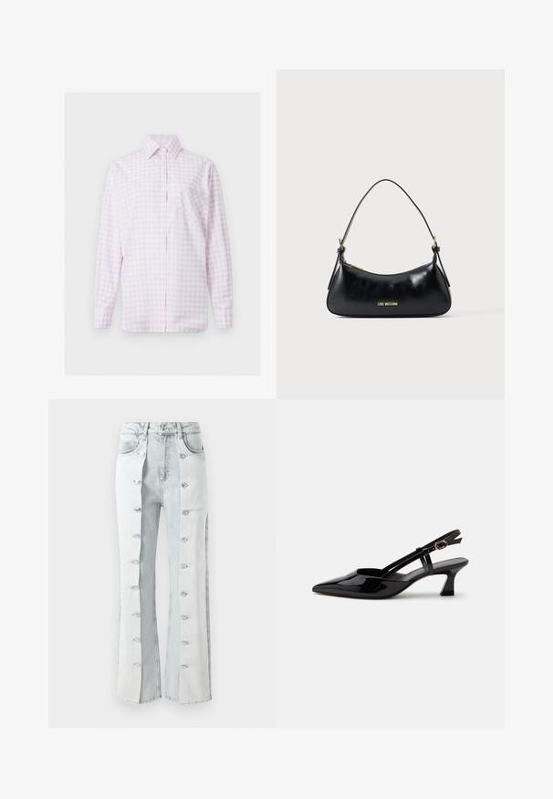 Lichtroze en wit geruit overhemd met lange mouwen, knoopsluiting, puntkraag en een hartvormig geborduurd zakje op de linkerborst.; Lichtblauwe denim jeans met zilveren knoopaccenten, met een wijd uitlopende pasvorm en zijpanelen. De stof heeft een gestructureerde afwerking.; Zwarte lakleren slingback kitten heel schoen met spitse neus en verstelbare gouden gespsluiting op een witte achtergrond.; Zwarte leren schoudertas met gouden rits en "LOVE MOSCHINO" logo aan de voorkant, voorzien van een gebogen bovenhengsel.