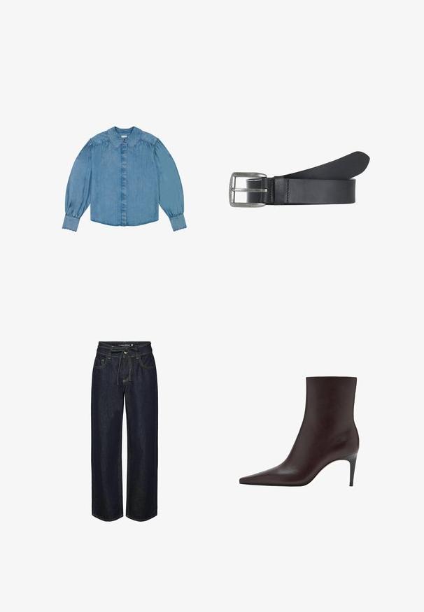 Lyseblå denimbluse med lange ærmer, bølget Peter Pan-krave og manchetter, skjult knapstolpe foran og sammensyede detalje på skuldrene.; Mørk denim brede bukser med snor i taljen, der har kontrastsyning, frontlommer og en let løs pasform.; Brun læder ankelstøvle med spids tå, slank skafter og en tynd, høj hæl. Glat tekstur, minimalistisk design, ingen synlig hardware.; Sorte læderbælte med en sølvmetal rektangulær spænde, der har en glat overflade og et rent, minimalistisk design.