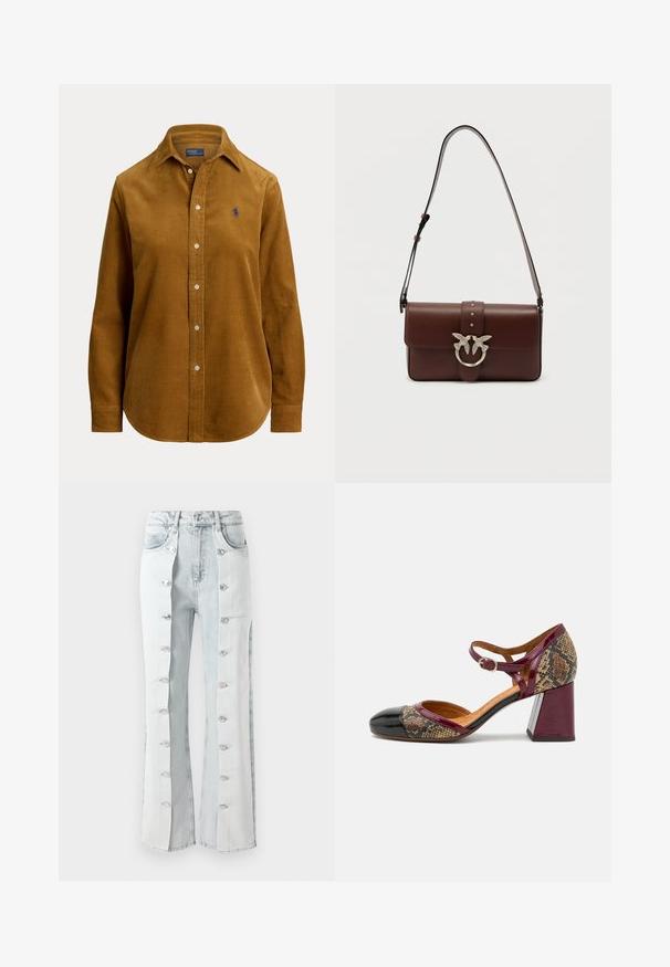 Chemise marron en velours côtelé pour homme à manches longues avec col et petit logo brodé sur la poitrine.; Jeans en denim bleu clair avec des accents de boutons argentés, présentant un design à jambes larges et des panneaux latéraux. Le tissu a une finition texturée.; Chaussure à talon avec un bout en cuir verni noir, une bride bordeaux et une tige en textile à motif serpent ; dotée d'un grand talon block.; Sac bandoulière en cuir brun foncé avec sangle réglable, fermeture à rabat et fermoir anneau en argent ornée de deux figures d'oiseaux.