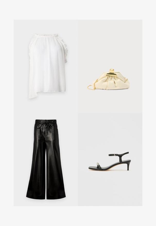 Weißes ärmelloses Oberteil aus leichtem, strukturiertem Stoff. Mit Rüschendetails entlang des Ausschnitts und der Schultern. Asymmetrischer Saum.; Schwarze Leder-Hosen mit weitem Bein und Kordelzugbund. Glatte Textur, hohe Taille, lockere Passform, mit seitlichen Taschen und Knopfverschluss.; Schwarze Leder-Sandale mit Absatz und Knöchelriemen, offenem Zehenbereich, quadratischer Vorderseite und silbernen Metallakzenten. Eng anliegendes Design mit schlanker Silhouette.; Cremefarbene Clutch aus weichem Material mit einem goldfarbenen Verschluss und einer Kettenriemen, mit gerafftem Design am Körper.
