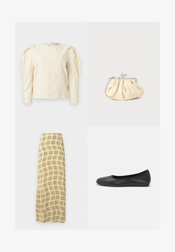 Haut à manches longues de couleur crème avec un motif floral texturé, épaules froncées et encolure ronde. Finition subtilement brillante avec un tissu doux.; Rabanne Jupe longue - green/yellow/cream; Ballerines en cuir noir avec un bout rond, texture lisse, détails de couture minimalistes et design de semelle flexible.; Pochette en cuir beige plissé avec un cadre en métal argenté, dotée de deux fermoirs ronds décoratifs et d'une chaîne en argent.