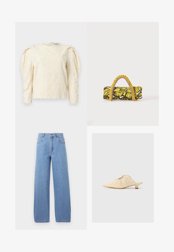 Top de manga larga color crema con patrón floral texturizado, hombros fruncidos y escote redondo. Brillo sutil con acabado de tela suave.; Jeans de tiro alto, de denim en color azul claro y de corte ancho, con bolsillos frontales y detalles de costura sutiles en las costuras.; Zapato de piel color crema tipo slip-on con puntera afilada, detalles fruncidos en la parte delantera y un tacón corto y cuadrado.; Bolsa rectangular con patrón floral en amarillo y negro y asa trenzada amarilla y rosa sobre fondo blanco.