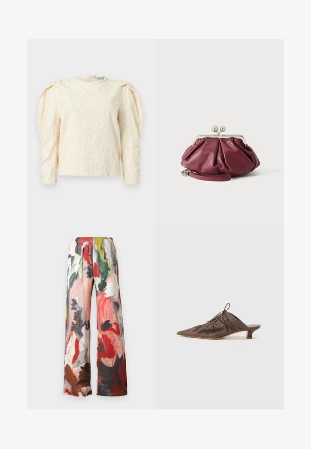 Haut à manches longues de couleur crème avec un motif floral texturé, épaules froncées et encolure ronde. Finition subtilement brillante avec un tissu doux.; Pantalon à jambes larges présentant un motif floral multicolore avec des nuances de rouge, vert et marron. Confectionné dans un tissu doux avec une taille élastique.; Mule en cuir marron avec un bout pointu, texture froncée, petit talon et un accent de cordon de serrage à l'ouverture. Fini lisse.; Petite pochette en cuir bordeaux avec fermoir en métal argenté et bracelet pour poignet sur fond blanc.